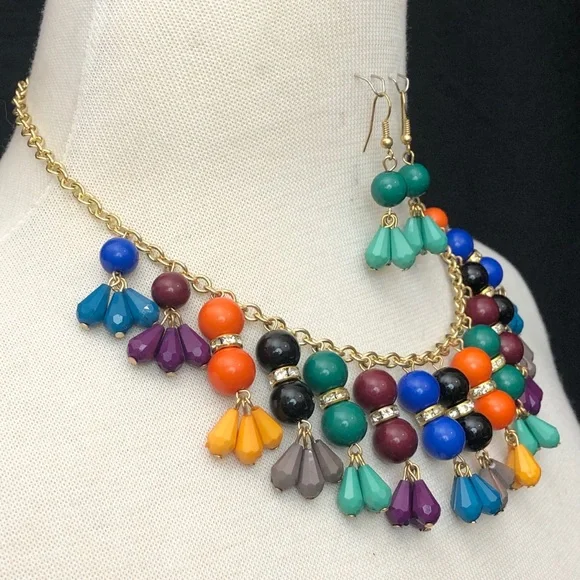Multicolor Cascading Bead Drop Dramatic Bold Statement Necklace Earrings Set - Picture 3 of 3